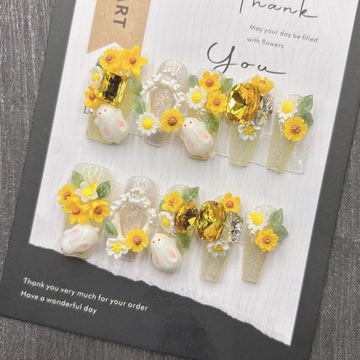 Qfdian Spring Cute Press on Nails White Rabbit Yellow Flower Gold Gem Glitter Nail Art Flexible Comfortable Durable for Women Girls